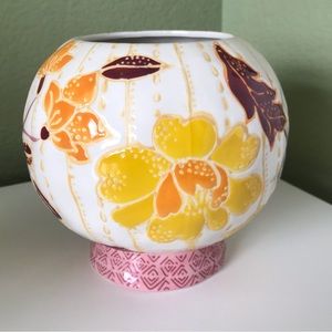 Anthropologie Zahara Orange Pink Embossed Floral 5X5.5" Round Stoneware Vase NEW
